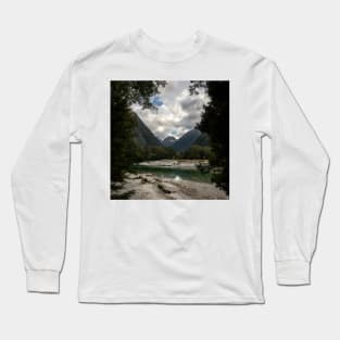 River with a View on a Mountain Framed by Trees Long Sleeve T-Shirt